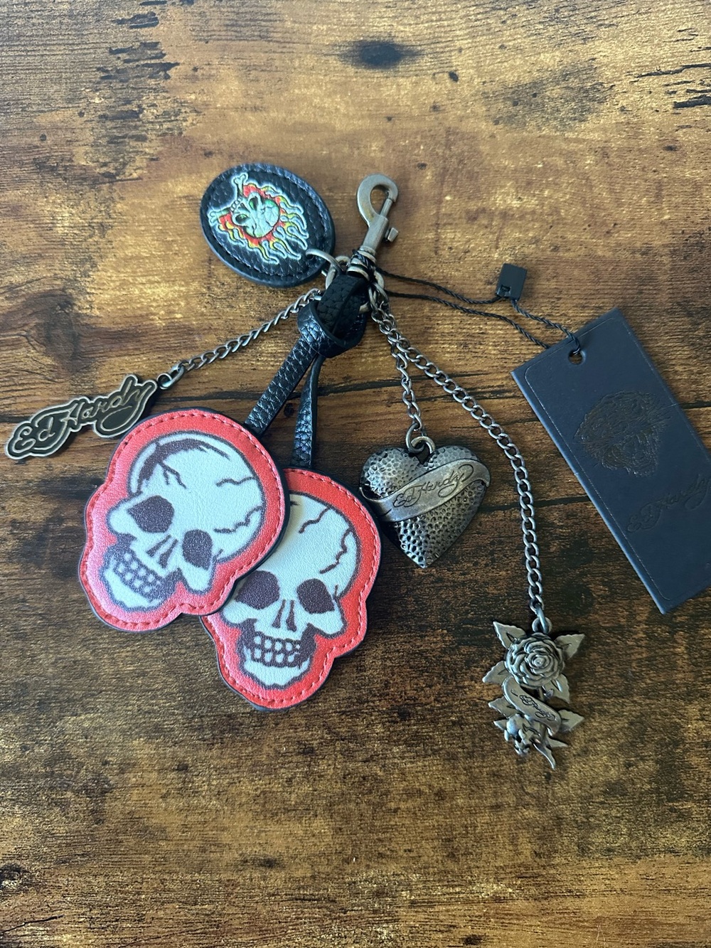 Ed Hardy Silver Red & White Skull Bag Charm Keychain Metal Heart Rose Charms NWT